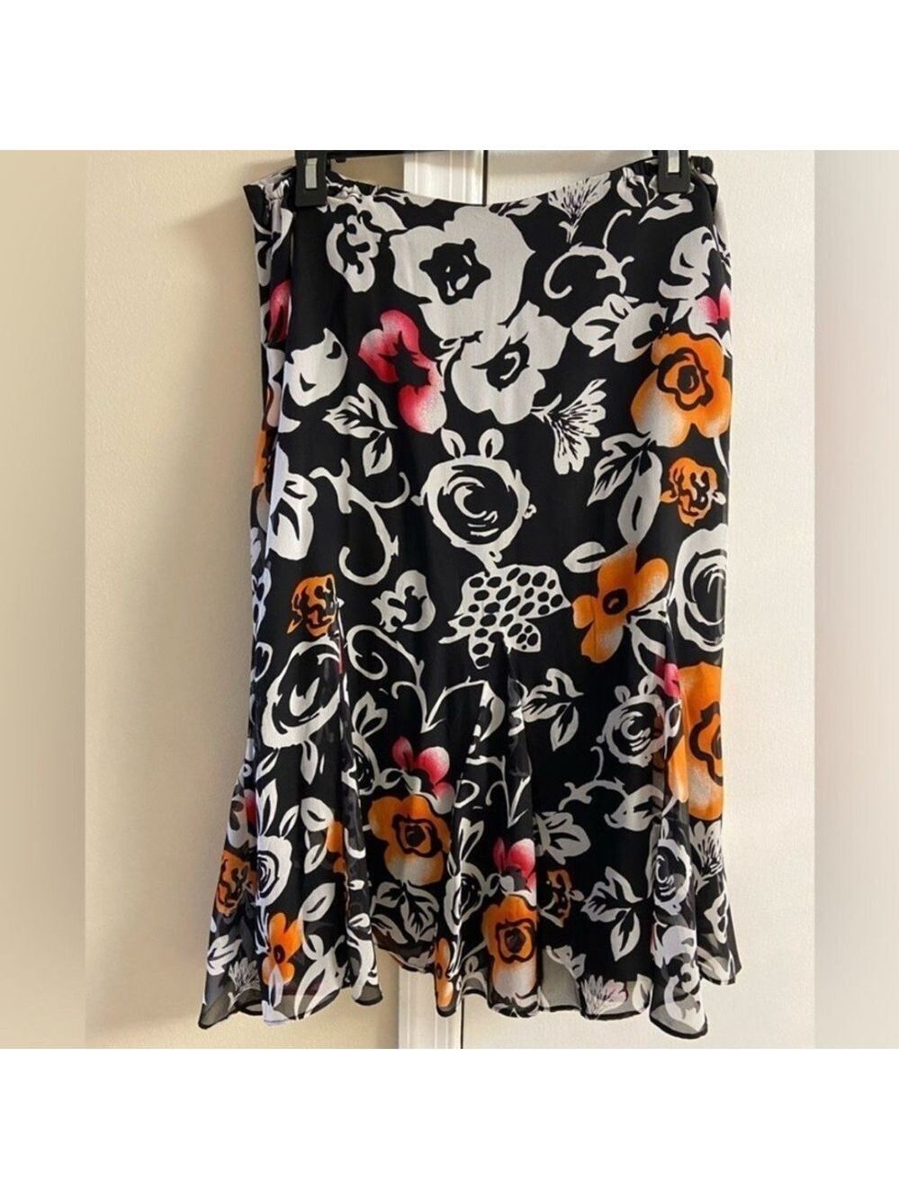 Chico's Black and Orange Floral A-Line Skirt silk Medium